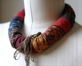 Upcycled fabric necklaces showcasing eco-luxury design